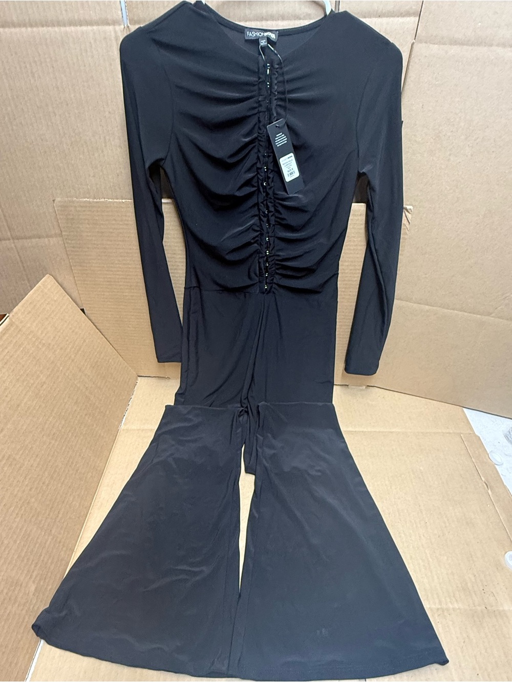 Fashion Nova Black Ruched Front Long Sleeve Jumpsuit